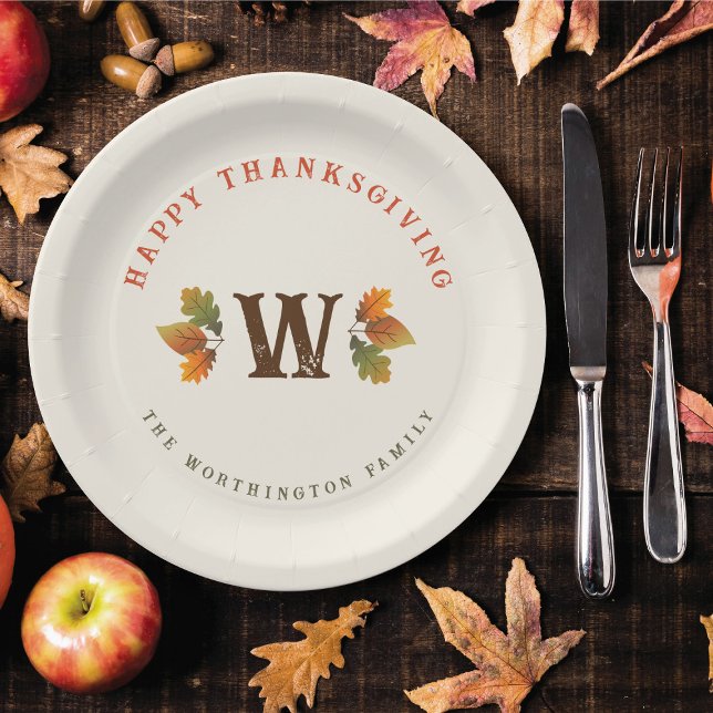 Fall / Autumn Leaves Monogram Thanksgiving Dinner Paper Plates (Colorful Autumn / Fall Leaves Family Monogram Thanksgiving Dinner Party Paper Plates)