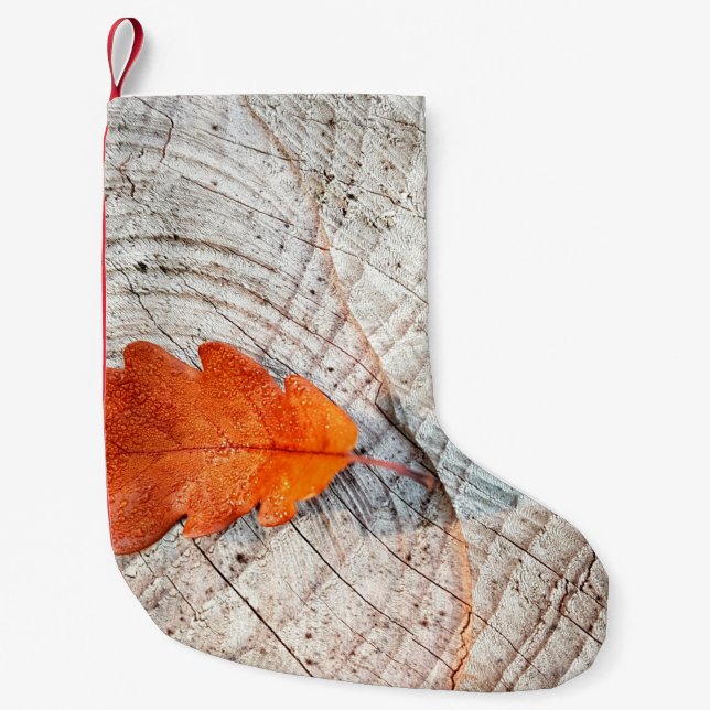 Fall autumn leaves oak leaf wood small christmas stocking (Front)