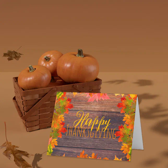 Fall Autumn Leaves On Barn Wood Happy Thanksgiving Card | Zazzle