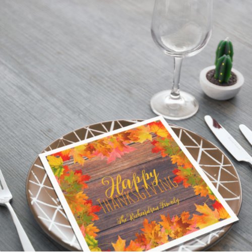 Fall Autumn Leaves On Barn Wood Happy Thanksgiving Napkins