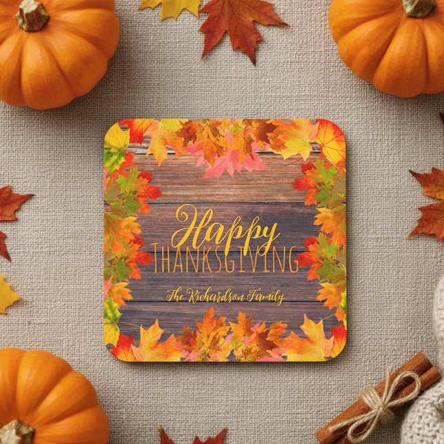 Fall Autumn Leaves on Barn Wood Happy Thanksgiving Square Paper Coaster (Creator Uploaded)