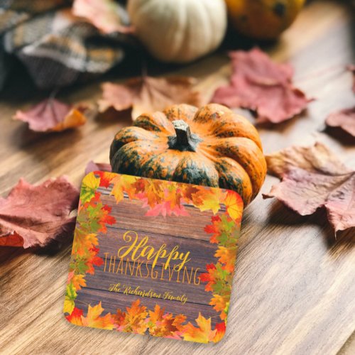 Fall Autumn Leaves On Barn Wood Happy Thanksgiving Square Paper Coaster