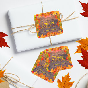 Fall Autumn Leaves On Barn Wood Happy Thanksgiving Square Sticker