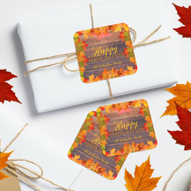 Fall Autumn Leaves On Barn Wood Happy Thanksgiving Square Sticker (Creator Uploaded)