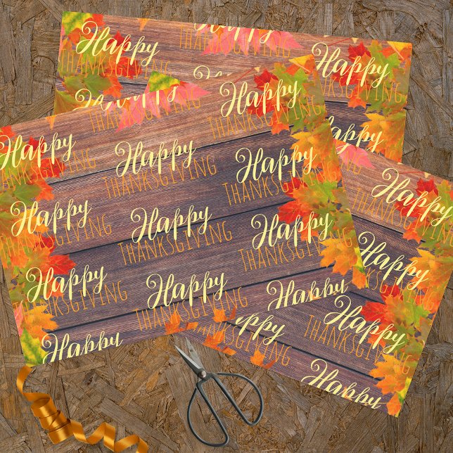 Fall Autumn Leaves On Barn Wood Happy Thanksgiving Wrapping Paper Sheets (Creator Uploaded)