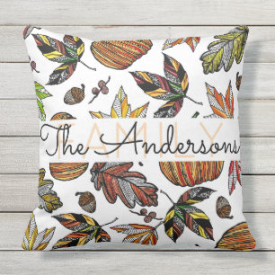 Fall Autumn Leaves Pumpkin Acorns Family Monogram Throw Pillow