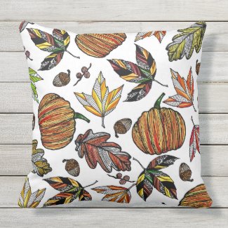 Fall Autumn Leaves Pumpkin and Acorns Illustration Outdoor Pillow