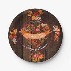 Fall Autumn Leaves Pumpkin Wood Fall in Love Names Paper Plates