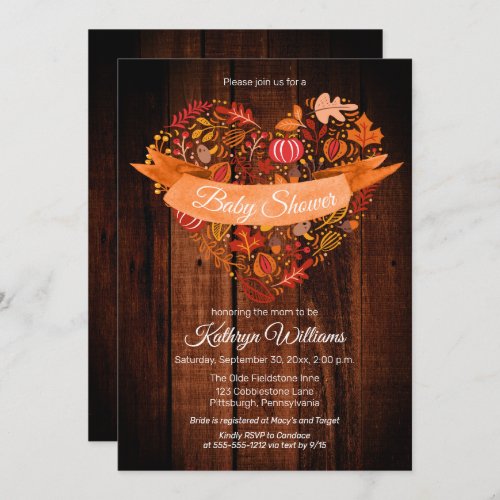 Fall  Autumn Leaves  Pumpkins Wood Baby Shower I Invitation