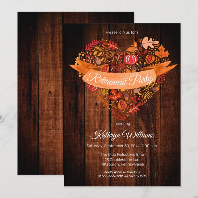 Fall Autumn Leaves Pumpkins Wood Retirement Party Invitation (Front/Back)