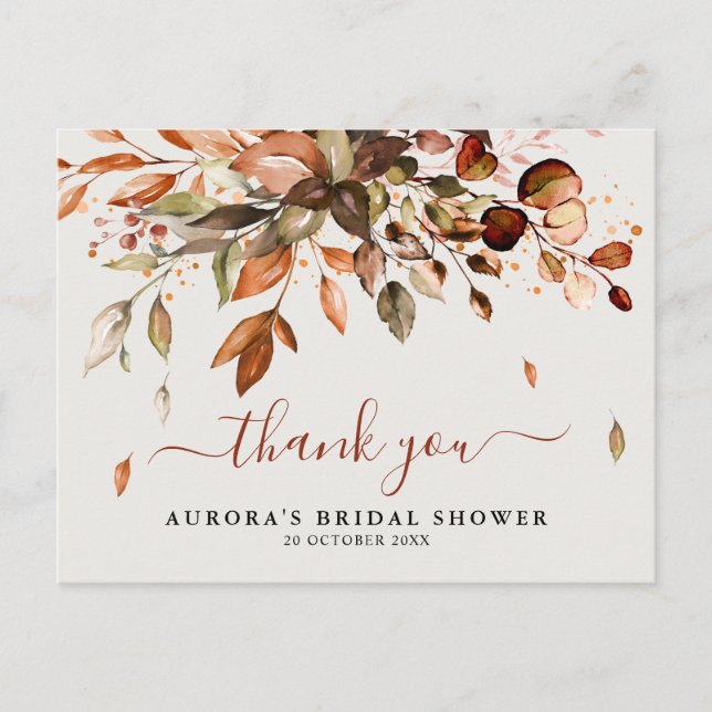 Fall Autumn Leaves Rustic Bridal Shower Thank you Postcard (Front)