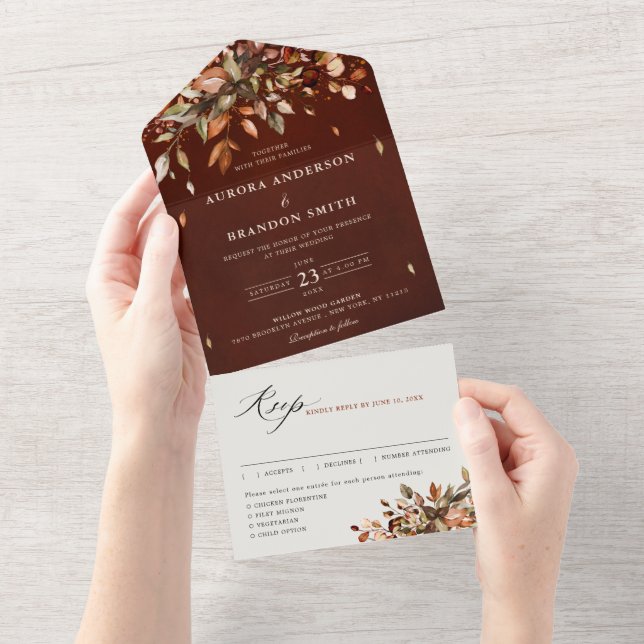 Fall Autumn Leaves Rustic Country Boho Wedding All In One Invitation (Tearaway)
