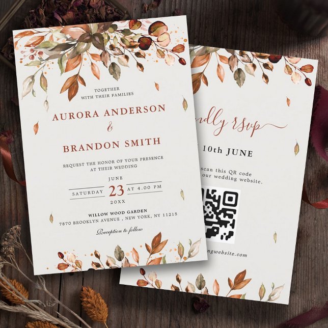 Fall Autumn Leaves Rustic Country Boho Wedding  In Invitation (Fall Autumn leaves wedding invitation with QR code RSVP on back)
