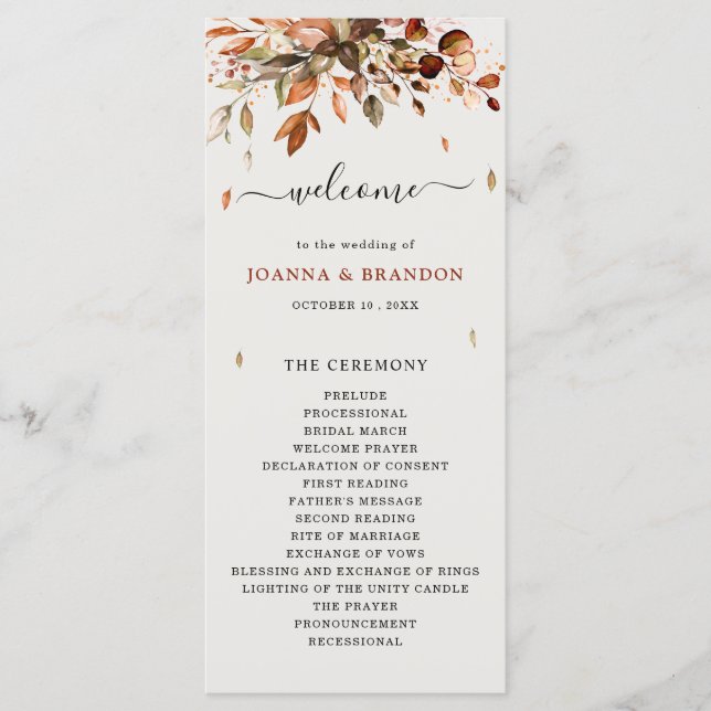 Fall Autumn Leaves Rustic Country Boho Wedding Program (Front)