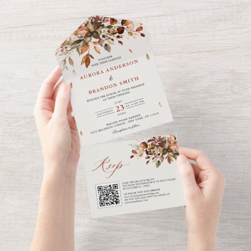 Fall Autumn Leaves Rustic Country Boho Wedding QR All In One Invitation