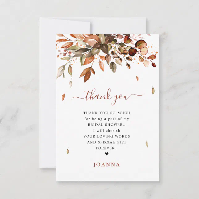 Fall Autumn Leaves Rustic Country Bridal Shower Th Thank You Card | Zazzle