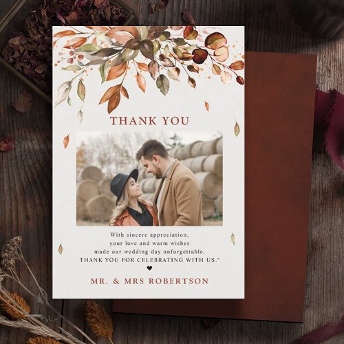 Fall Autumn Leaves Rustic Country Photo wedding Thank You Card