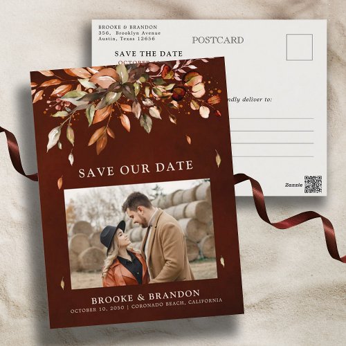 Fall Autumn Leaves Rustic Country Save the Date Postcard