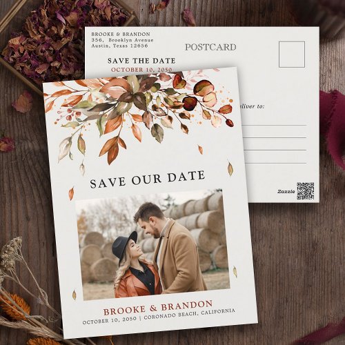 Fall Autumn Leaves Rustic Country Save the Date Postcard