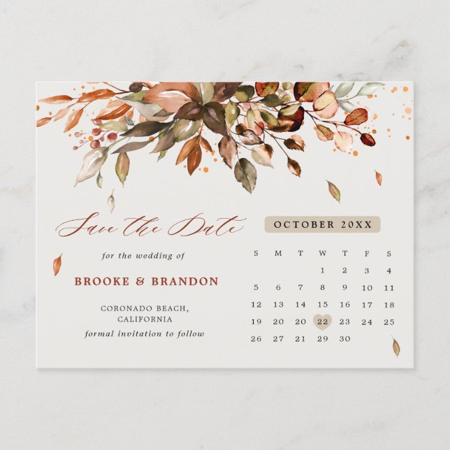 Fall Autumn Leaves Rustic Country Save the Date Postcard (Front)