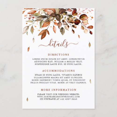 Fall Autumn Leaves Rustic Country Wedding Details  Enclosure Card