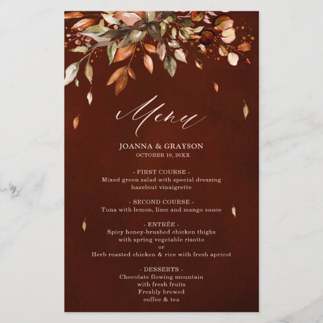 Fall Autumn Leaves Rustic Country  Wedding Menu (Front)