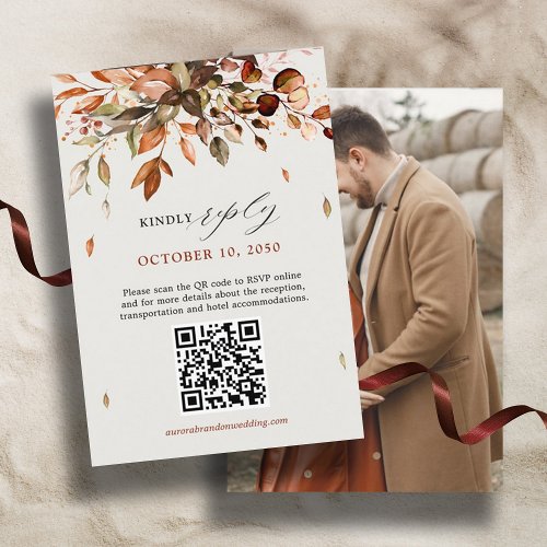 Fall Autumn Leaves Rustic Country Wedding QR Code  RSVP Card