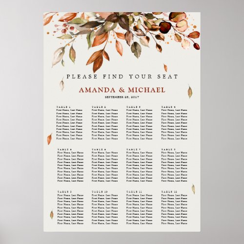 Fall Autumn Leaves Rustic Wedding Seating Chart