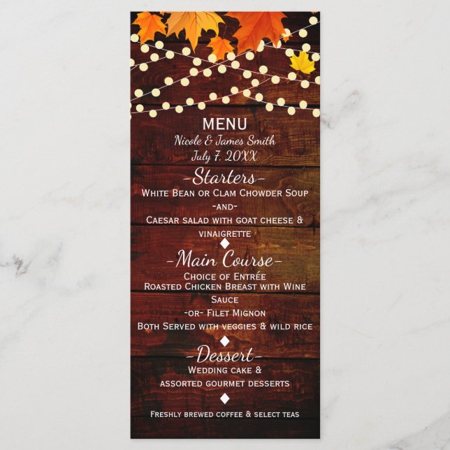 Fall Autumn Leaves & String Lights Wedding Menu (Front)
