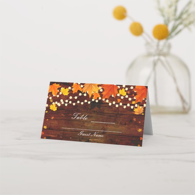 Fall Autumn Leaves & String Lights Wood Table Seat Place Card (Back)
