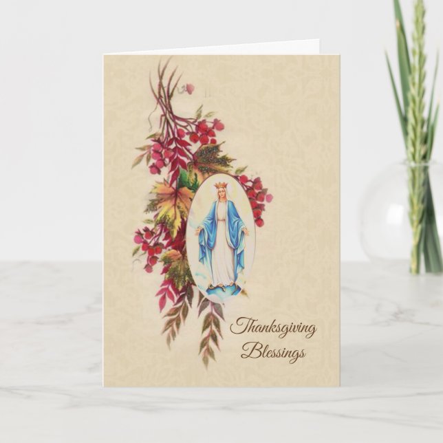 Fall Autumn Leaves Virgin Mother Mary Thanksgiving Holiday Card (Front)