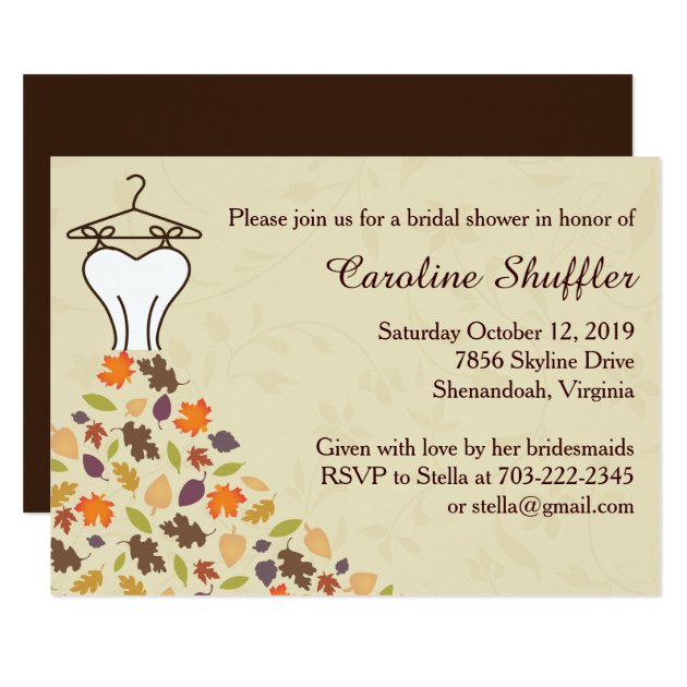 Fall Autumn Leaves Wedding Dress Bridal Shower Invitation