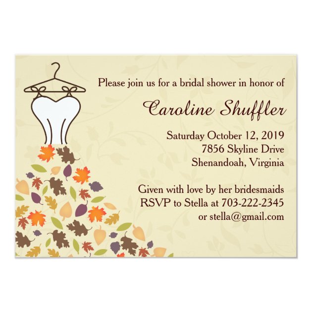 Fall Autumn Leaves Wedding Dress Bridal Shower Invitation