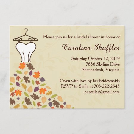 Fall Autumn Leaves Wedding Dress Bridal Shower Invitation