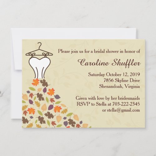 Fall Autumn Leaves Wedding Dress Bridal Shower Personalized Invites
