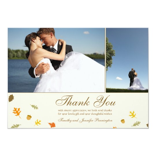 Fall autumn leaves wedding thank you flat 2 photo card
