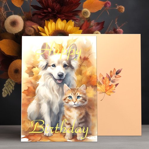 Fall Autumn Leaves White Collie Dog  Tabby Kitten Card
