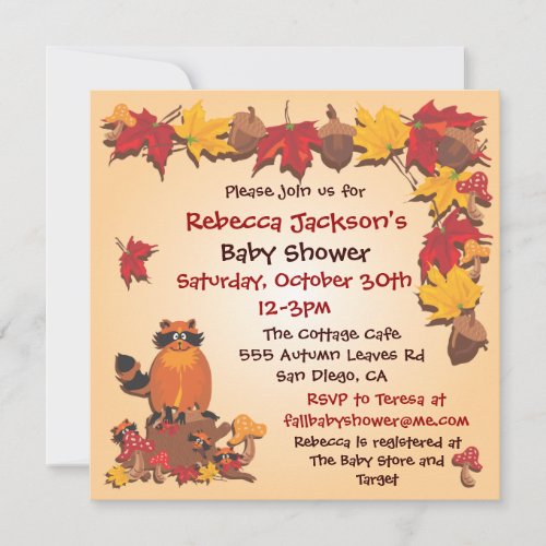 Fall Autumn Leaves with Raccoon Baby Shower Invite