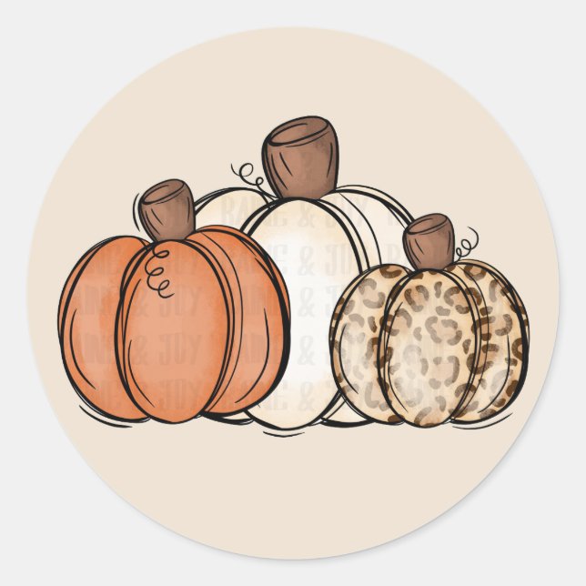 Fall Autumn Leopard Watercolor Pumpkin Classic Round Sticker (Front)
