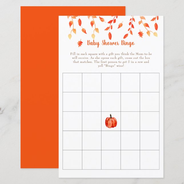 Fall Autumn Little Pumpkin Baby Shower Bingo Game (Front/Back)