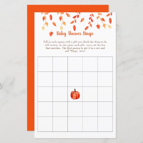 Fall Autumn Little Pumpkin Baby Shower Bingo Game