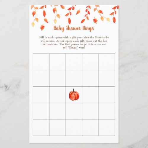 Fall Autumn Little Pumpkin Baby Shower Bingo Game