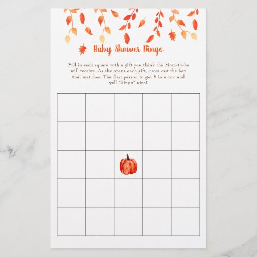 Fall Autumn Little Pumpkin Baby Shower Bingo Game Flyer