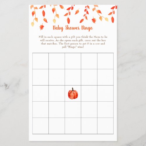 Fall Autumn Little Pumpkin Baby Shower Bingo Game Flyer