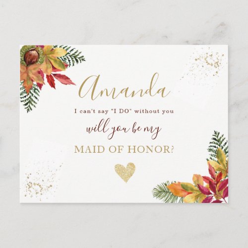 Fall Autumn Maid of Honor or BRIDESMAID proposal Invitation Postcard