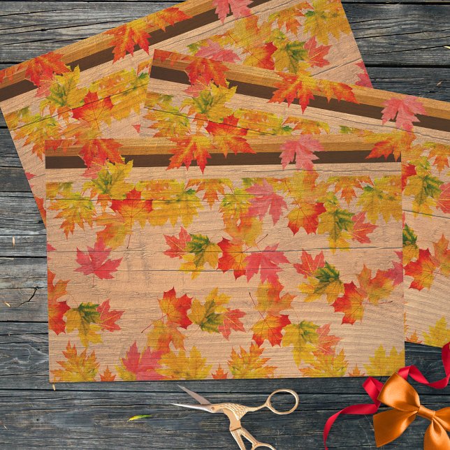 Fall Autumn Maple Leaves On Barn Wood Wrapping Paper Sheets (Creator Uploaded)