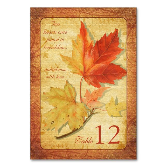Fall Autumn Maple Leaves Wedding Table Number (Front)