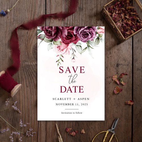 Fall Autumn Merlot Floral Wedding Save the Date Invitation