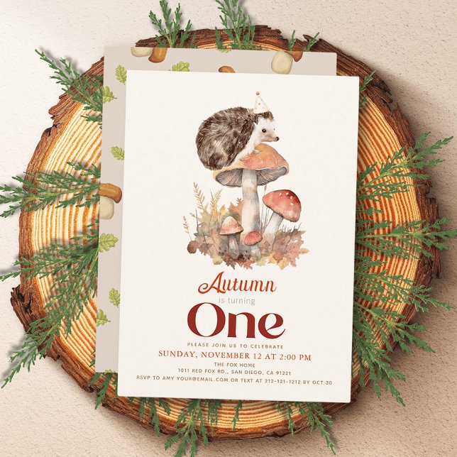 Fall/Autumn Mushroom Hedgehog 1st Birthday Invitation (Creator Uploaded)