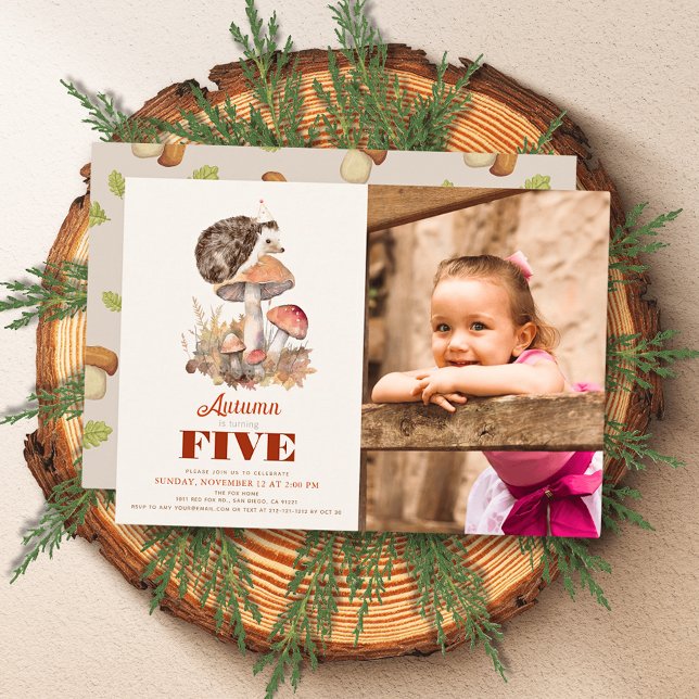 Fall/Autumn Mushroom Hedgehog Kids Birthday Photo Invitation (Creator Uploaded)